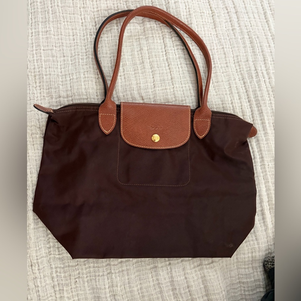 Longchamp Le Pliage Brown Tote with Tan Leather Trim